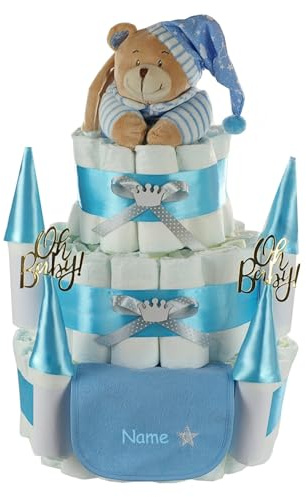 Große Windeltorte Windelschloss | personalisierbar mit Name | Baby Spieluhr Teddybär, Lätzchen mit Name | Prinzen-Edition blau, 3-stöckig