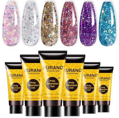 BURANO Poly Verlängerung Gel Nagel Kit, 6 Flaschen Lila Blau Gold Rot Glitter Nagel Poly Nägel Gel Set für Nagelsalon DIY Home Anfänger Verwenden
