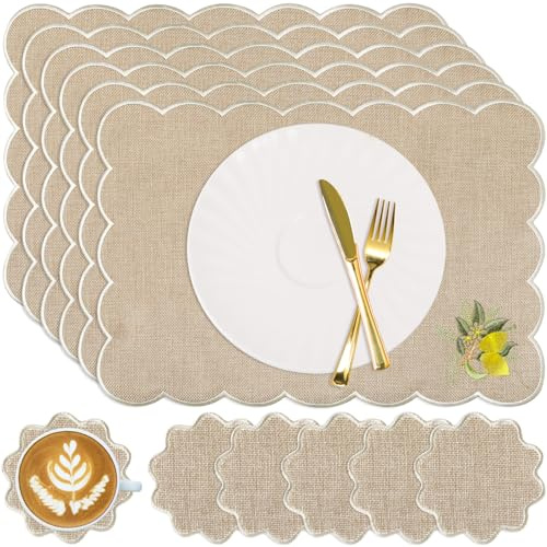 Gandeer Set of 12 Lemon Cotton Linen Placemats Coaster, 12 x 17 Heat Resistant Embroidery Scalloped Placemats, 4 Summer Kitchen Coaster Double Layered Rustic Dinner Table Decoration(Linen and White)