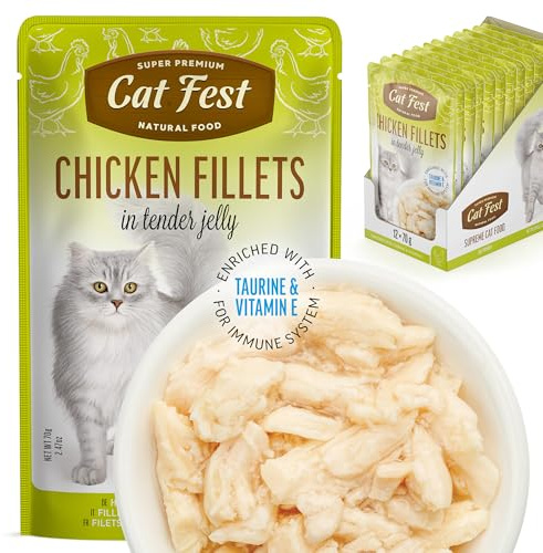 Cat Fest Chicken Fillets in Tender Jelly, 100% Natural Wet Cat Food Pouches, High Meat Content, Enriched with Taurine, Vitamin E & Fish Oil, 12 x 70g