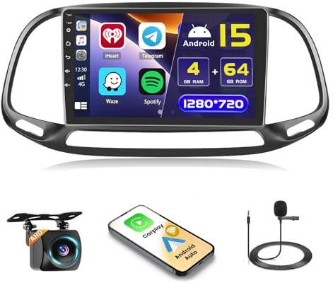Hikity 4+64GB Android 15 Radio de Coche para FIAT Doblo/Yeni Kasa 2015 Inalámbrico Carplay Android Auto, Pantalla Táctil de 9 Pulgadas con GPS Bluetooth WiFi FM/RDS Cámara Trasera