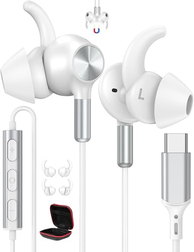 Écouteur USB C Filaires Sport HiFi Stéréo Casques avec Micro pour Pixel 10a | Intra Auriculaire Magnétique Ecouteur pour Redmi Note 15/POCO X8 X7 Pro pour Samsung A17 A57 A56 S26 Course/Gym/Jogging blanc