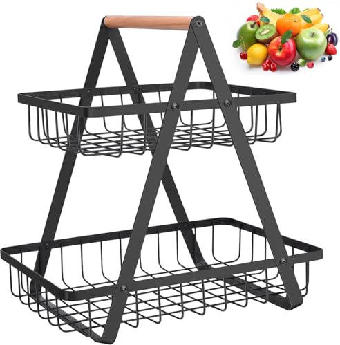 2-Tier Fruit Basket,Fruit Bowl,Detachable Fruit Holder,Bread Basket Vegetable Rack,Detachable Black Metal Fruit basket bowl Holder with Handle for Fruit, Vegetables, Snacks in Home and Kitchen