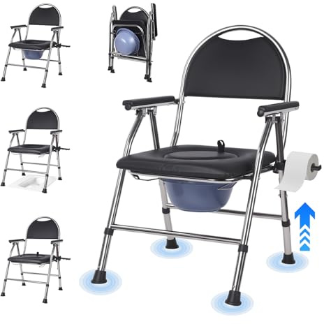 Chaise Percée Pliable, Toilette avec Dossier Réglable, Seau Amovible, Accoudoirs Rembourrés, Pieds Antidérapants, Réglable en 5 Hauteurs, Supporte Jusqu'à 100 kg, Stainless Steel, Noir