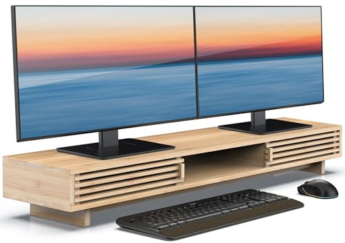 WELL WENG Dual Monitorständer Riser aus Holz für Monitor Bambus 96.7cm | Bildschirmerhöhung 2 monitore mit Schiebetüren im Gitter-Design Schreibtisch-Regal-Organizer mit Ordnungssystem