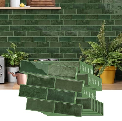 10Pcs Thicker Peel and Stick Wall Tiles Self Adhesive 3D Tile Stickers Waterproof Wall Panel Splashback for Kitchen & Bathroom (Green)