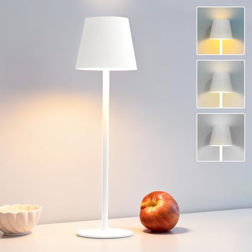 DEELUX LED Dimmbare Akku Tischlampe Kabellose, Wiederaufladbar Tischleuchte,2700K/3600/5000K 3 Farbtemperaturen,Touch Tischleuchte mit USB-C,Für drinnen und draußen geeignet IP44 Wasserdichte(Weiß)