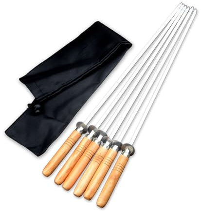 6 pinchos planos de acero inoxidable duraderos con mango de madera para barbacoa para asar al aire libre, resistentes a la corrosión, de metal plano