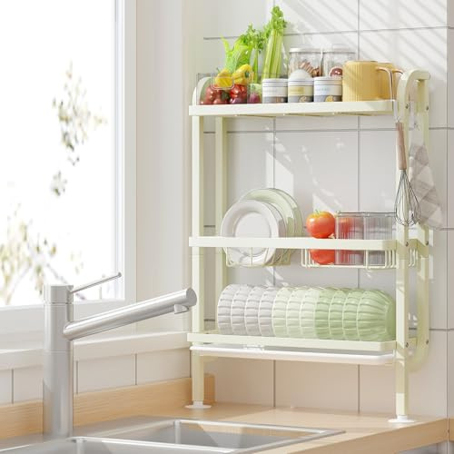 Mointal Porta Piatti da Cucina, Grande Scolapiatti a 3 Piani da Appoggio con Appoggio a Muro, Senza Forare, Ventose & Ganci, Bianco Crema