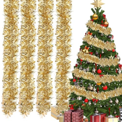 4 Stück Weihnachten Lametta Girlande Weihnachtsbaum 3m Tannen Girlanden ø 9 cm Weihnachtsdeko Tannengirlande, Weihnachts Lametta Girlande für Weihnachtsdekoration Kamin Treppengelände Deko(Gold)