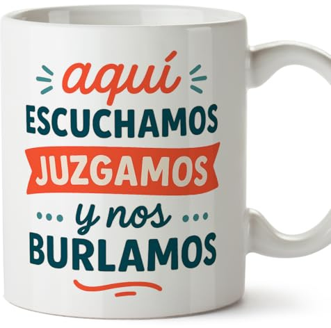 MUGFFINS tazas originales para regalar | tazas divertidas para regalar con frase Aquí escuchamos juzgamos y nos burlamos en Español | humor, graciosas | Graciosas v2