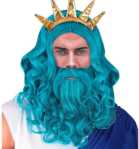 W WIDMANN MILANO Party Fashion - Poseidon Perücke mit Bart | Mit Schnurrbart und langen Locken, Kostüm-Accessoire für Karneval, Mottoparty, Theater sowie Neptun-Kostüme