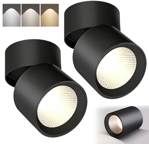 2 faretti a LED orientabili, da soffitto, colore nero, 7 W, girevoli e orientabili, 360°, 3000 k/4000 k/6000 k, RA98 con ampia superficie luminosa