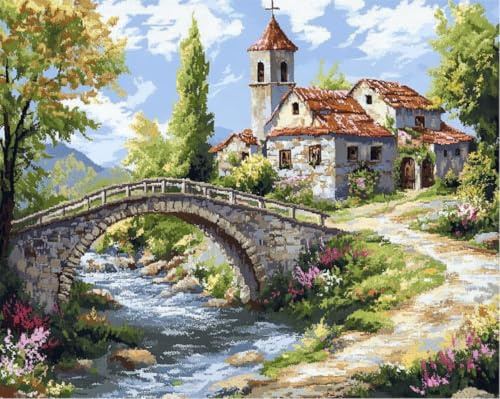 FanZheZhe Kreuzstich Stickpackung 11Ct Sticken Set Erwachsene Kreuzstich,Diy Stickbilder Vorgedruckt Kreuzstich Für Anfänger Home Decor Ländliche Landschaft, Steinbrücke 40X50Cm