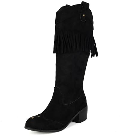 Dam westernstövlar med fransar, 5 cm blockklack i mocka knähöga stövlar med nitar och bekväma cowboystövlar stora storlekar rund tå slip-on-skor för vintern,Black,36 EU