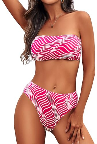 Zuvebamyo Women Strapless Bandeau Bikini Sets Two Piece Textured Swimsuits Ribbed Lace Up Bathing Suits Hotpink M