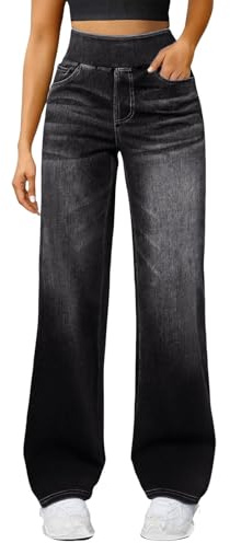 Elastisk midja jeans för kvinnor raka ben, hög elasticitet säckiga byxor dra på hög midja magkontroll rak passform jeans ledig lös passform denim byxor med flera fickor, Grå, XL