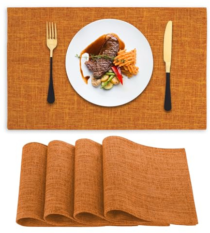 NicMool Tischsets Abwaschbar 4er Set, Abwischbar Leinen Platzsets, Abgrifffeste rutschfest Hitzebeständig, Maschinenwaschbar Doppelseitigen Stoff Platzdeckchen für küche Speisetisch Hotel (Orange)