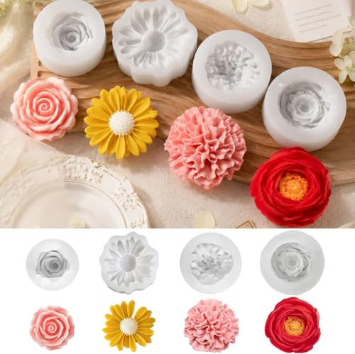 4 Stück Pfingstrose Blume Kerzenform Silikon,Silikonform Blumen,Blumen Kerzenform Silikon,3D Pfingstrose Silikonform,Rosen Nelke Chrysantheme Pfingstrose 3D Silikonformen,für DIY Herstellung,Gebäck