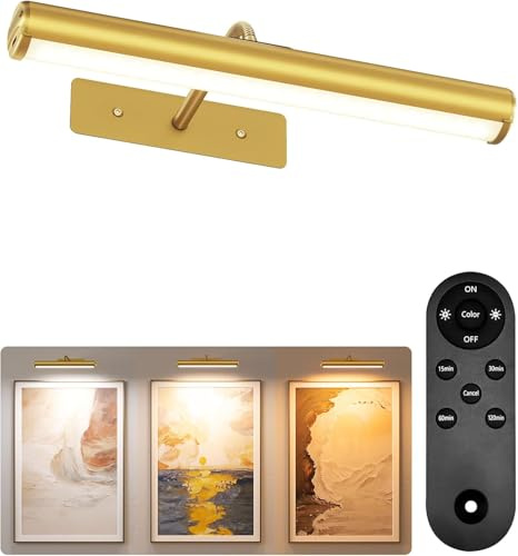 EZVALO Bilderleuchte Kabellos LED Bildbeleuchtung Akku 4000mAh | 33cm Wandlampe mit Fernbedienung, Dimmbar & 3 Farbtemperaturen, Bildleuchten für Bilder, Bilderrahmen- Gold
