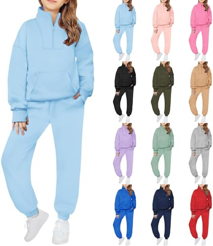 Girls Tracksuit Quarter Zipper Set Kids 2 Piece Long Sleeve Sweatshirts and Loose Sweatpants Sport Outfit Spring Casual Bottom Jogging Pants Activewear Track Suit