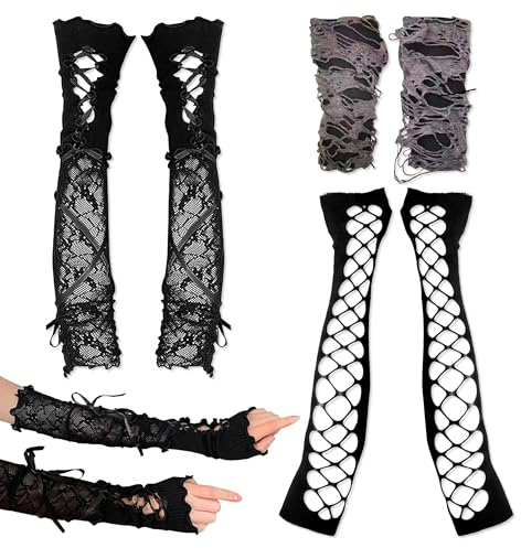 YiiHHooN Fingerlose Handschuhe, 3 Paar Y2k Armstulpen Damen, Zerrissene Gothic Grunge Spitzen Handschuhe Handstulpen Y2k Accessoires Punkhandschuhe für Fasching Karneval Halloween Party