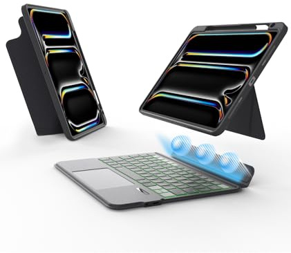 EIP Funda con teclado Bluetooth para iPad Pro de 11 pulgadas (M4/M5), 11 pulgadas con atajos patentados de lápiz capacitivo, protectora, soporte de bisagra ajustable, funda desmontable