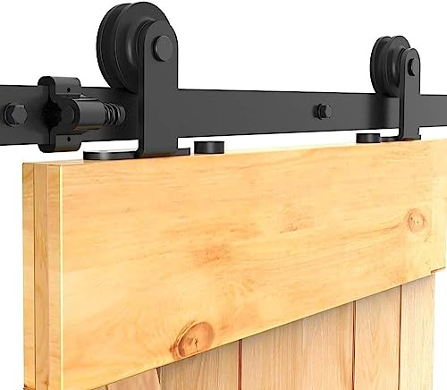 224cm (7.5FT) CCJH Skjutdörrsbeslag Set Skjutdörrssystem Ladugård Dörr Hårdvara Kit Set Svart T-form Toppfäste Hängare Rulldörr för Trä Enstaka Dörr