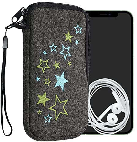 kwmobile Handytasche für Smartphones L - 6,5 - Handy Filztasche - Sternenmix Hellgrün Blau Dunkelgrau - 16,5 x 8,9 cm Innenmaße