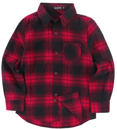 Spring&Gege Camisa casual de franela a cuadros de manga larga para niños (5-14 años), Red Black 1, 7-8 Años
