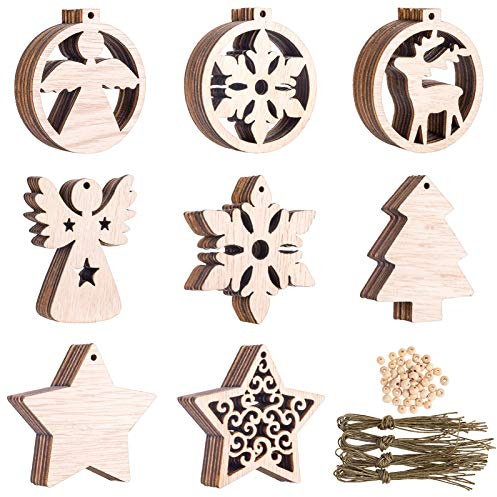 48 Stück Christbaumschmuck Holz, Weihnachten Holzanhänger Weihnachtsanhänger mit Saiten und Perlen für Weihnachtsbaumschmuck