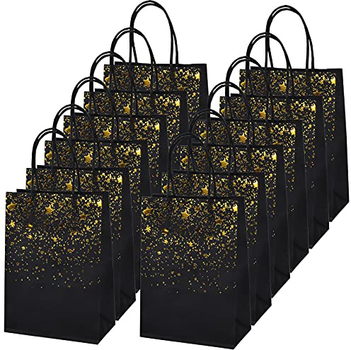 AvoDovA 12 Stück Schwarz Papiertüten aus Kraft, Geschenktüten Kraftpapier, Papiertüten mit Henkel, Bronzing Kraft Tasche mit Gold Stern Dekor, Party Geschenk Papiertüten für Hochzeit Geburtstag Party