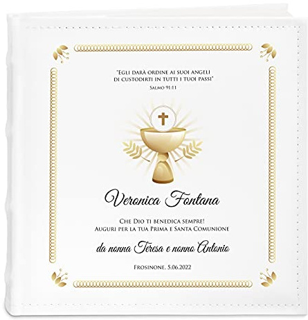 Maverton Album Foto Personalizzato, Copertina in Pelle Sintetica Bianca | Personalizzata con Stampa Colorata, 100 pagine, 200 foto 10x15 cm, regali per prima comunione, regalo di Natale, Calice