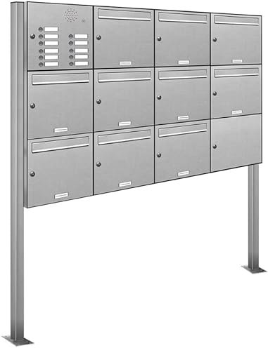 AL Briefkastensysteme 10er Standbriefkasten mit Klingel Standbriefkasten mit Klingel in Edelstahl und Aluminiumgrau RAL 9007 10 Fach DIN A4 wetterfest Premium Briefkastenanlage