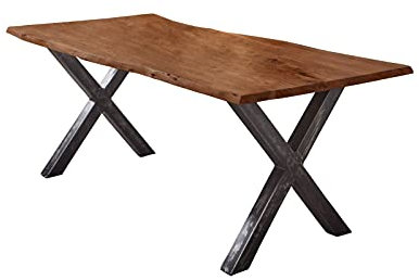 SAM Esstisch 140x80 cm Bergamo, Akazienholz massiv + nussbaumfarben + lackiert, echte Baumkante, Baumkantentisch mit Vintage X-Gestell aus Metall schwarz, Tischplatte 26 mm