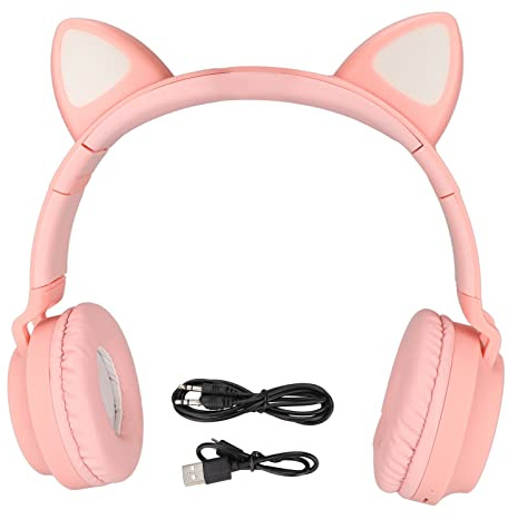 Gaming Headset, Cat Ear Gaming Headphones Deep Bass High Sound Quality LED Light Foldable Cute Cat Ear Headset with Soft Earmuffs(Pink)