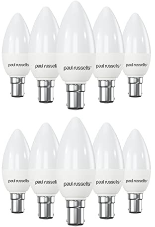 paul russells LED Candle – Small Bayonet Fitting Dimmable Light, 5.5W B15 C37 LED Bulbs, 40w Equivalent, 2700K Warm White, Dimmer SBC Energy Saving Ceiling Lightsbulbs, Pack of 10