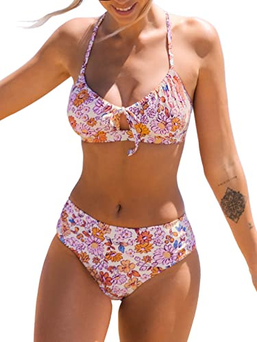 CUPSHE Women Bikini Set Mid Waisted Bottom Floral Crisscross Back Tie Scoop Neck Cut Out Two Piece Swimsuits Swimming Costume Purple Floral M