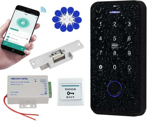 QTTYELOK Bluetooth Tuya IP68 Esterno Kit Sistema di Controllo Accessi RFID Tastiera Impermeabile + NC Fail Safe Serrature Strike Elettriche + 10pcs 13.56Mz Carte Portachiavi