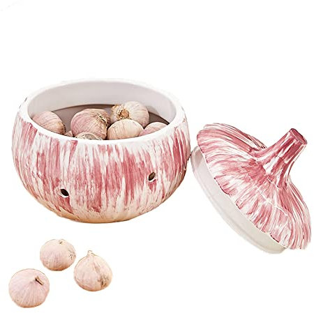 Acaino Pot à ail en céramique, avec couvercle et trous d'aération, récipient à ail pour comptoir de cuisine, décoration (rouge)