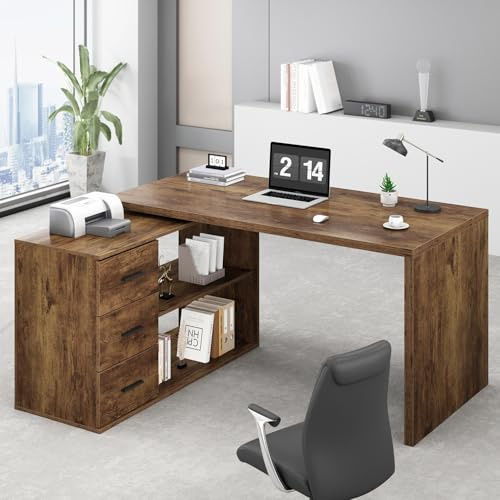 HSH Rustikalbraun 140 cm Eckschreibtisch Holz mit Stauraum für Studium | Industrie Design Holz Optik Als Schreibtisch mit schreibtisch mit stauraum platzsparend im Raum