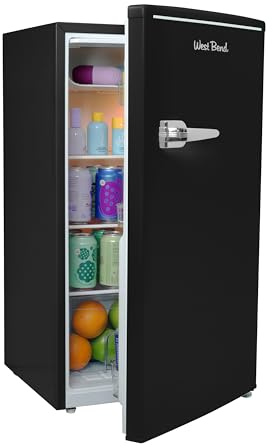 West Bend Mini Fridge for Bedroom, Office, Bar or College Dorm Room, Retro Compact Refrigerator features single door, removable glass shelves and adjustable temperature control, 3.0-Cu.Ft., Black