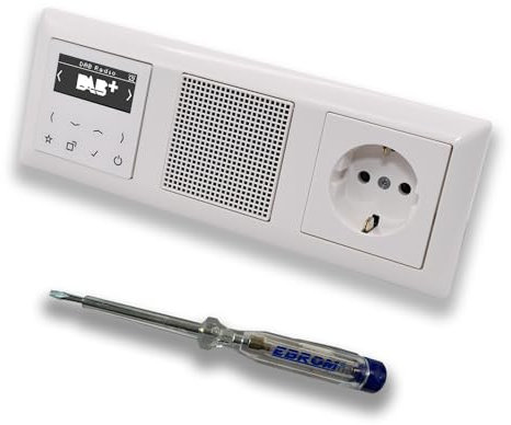 JUNG Smart Radio Unterputzradio DABAWW DAB+ Komplettset + 3-fach Rahmen im JUNG AS 500 System, alpinweiß, passender Lautsprecher, Steckdose + EBROM Phasenprüfer zur Montage der Geräte