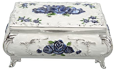 Firlar Vintage-Schmuckkästchen, Geschenkbox für Damen und Mädchen, Rechteckige Vintage-Schmuckaufbewahrung aus Metall, Dekorationsbox, für Schmucksammlung,(Mittlere Silber-Weiß-Blau-Rose)