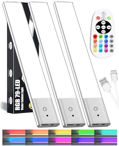 Kasanfe 79-LED Under Cabinet Lights Wireless, RGB Under Cabinet Lighting, Rechargeable Closet Lights Remote, Under Counter Lights Strip for Kitchen Shelf Pantry Desk, 15 Colors(3 Packs)