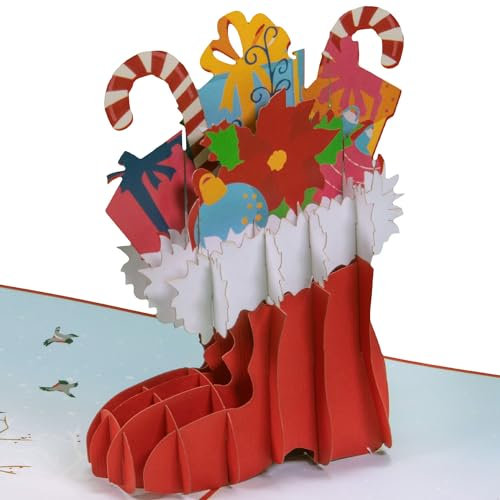 LINPOPUP®, Pop-Up Karte Weihnachten Nikolaus Stiefel Tannenbaum weihnachtliche Landschaft - Karte, Geschenkkarte, Nikolaus Geschenke, N431, A5