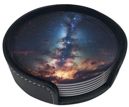 Milky Way Galaxy Printed Drink Coasters with Holder Leather Coasters Set of 6 Dining Room Decor Cup Coasters for Home Office Kitchen