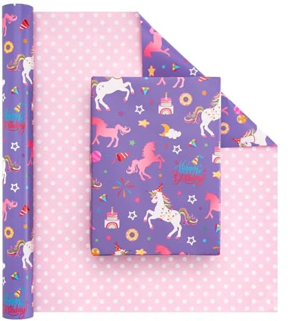 WERNNSAI 2 Rollen Einhorn Geschenkpapier 10m x 43cm Wendbar | Einhorn Geburtstagsparty Dekoration, Regenbogen Geschenkverpackung für Mädchen Kinder