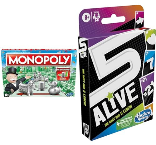 Monopoly Spiel & Five Alive Kartenspiel, schnelles Spiel für Kinder und Familien, leicht zu erlernen, Familienspiel ab 8 Jahren. 5 Alive Kartenspiel für 2 − 6 Spieler
