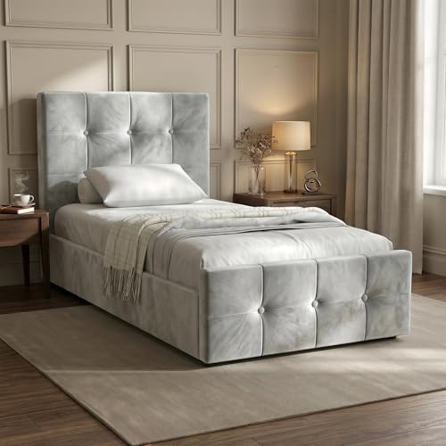 Blisswood 3ft Single Ottoman Bed Frame, Velvet Upholstered Storage Bed, Gas Lift End Opening Bed Frame with Wooden Slats, Heavy Duty Metal Support Base, Under Bed Storage, Space Saving Design, Grey